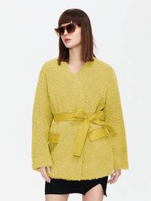 ZIAI Elegant Waist Belt Solid Color Women Regular Jacket With Pockets - Yellow - View 5