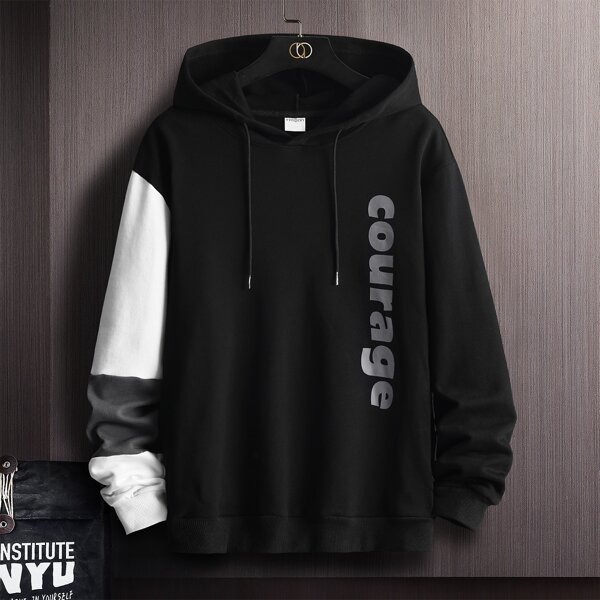 

Men Letter Graphic Contrast Panel Drawstring Hoodie, Black