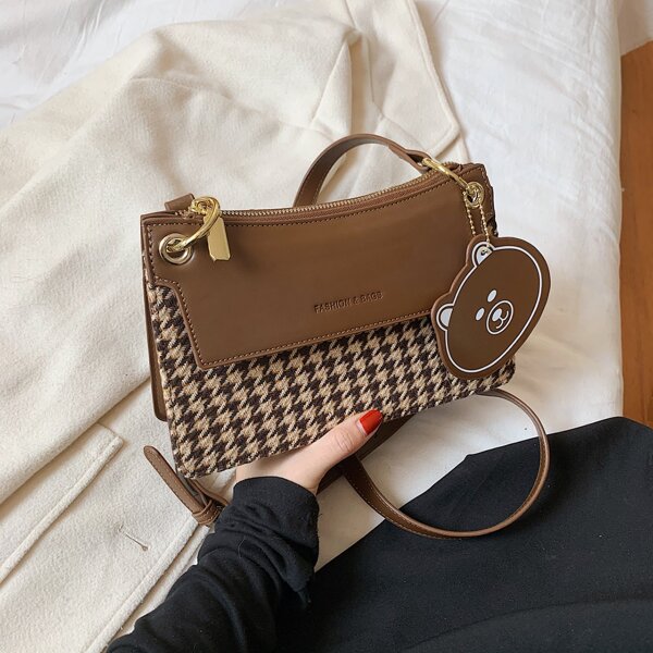

Houndstooth Graphic Crossbody Bag, Brown