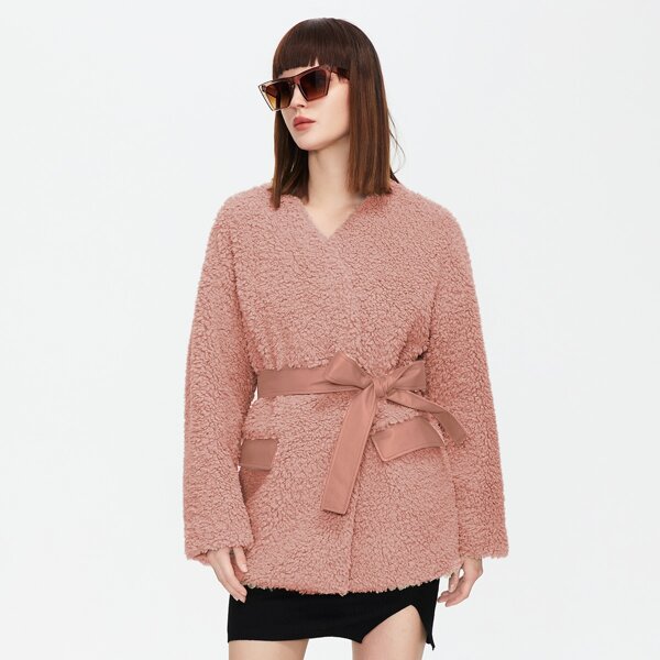 

Solid Pocket Detail Belted Shearling Coat, Dusty pink