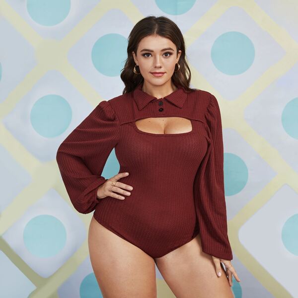 

Plus Solid Cut Out Front Bodysuit, Rust brown
