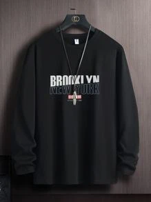 Manfinity Hombres Camiseta con estampado de letra manga larga - Negro - Ver 1