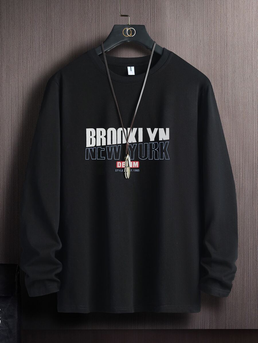 Manfinity Hombres Camiseta con estampado de letra manga larga - Negro - Ver 1