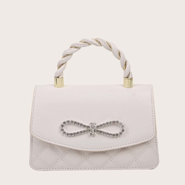 

Quilted Rhinestone Decor Square Bag, White