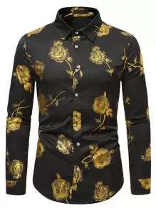 Manfinity AFTRDRK Hombres Camisa con estampado floral con botón delantero - Negro - Ver 1