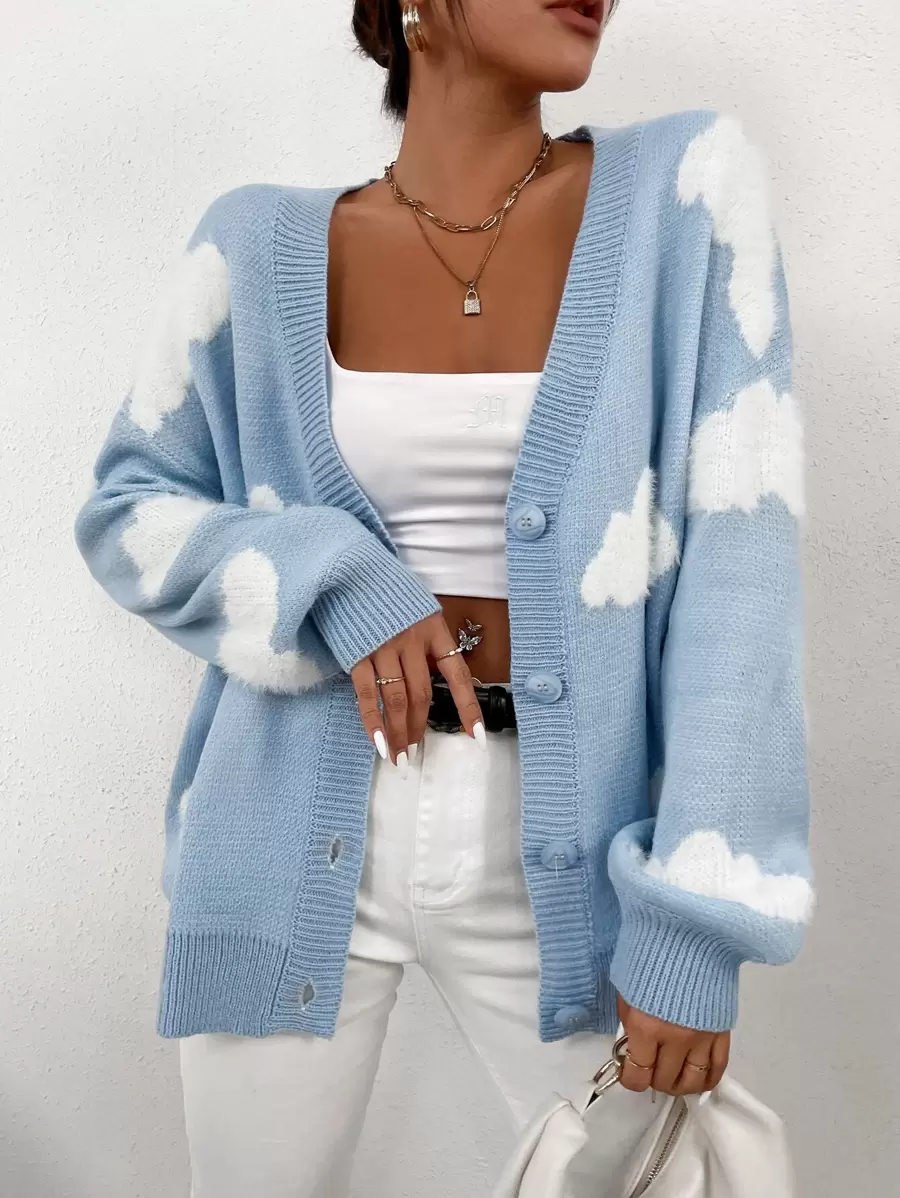 SHEIN Unity Drop Shoulder Cloud Pattern Cardigan,Long Sleeve Tops Fall Winter Cloth For Women - Baby Blue - View 1