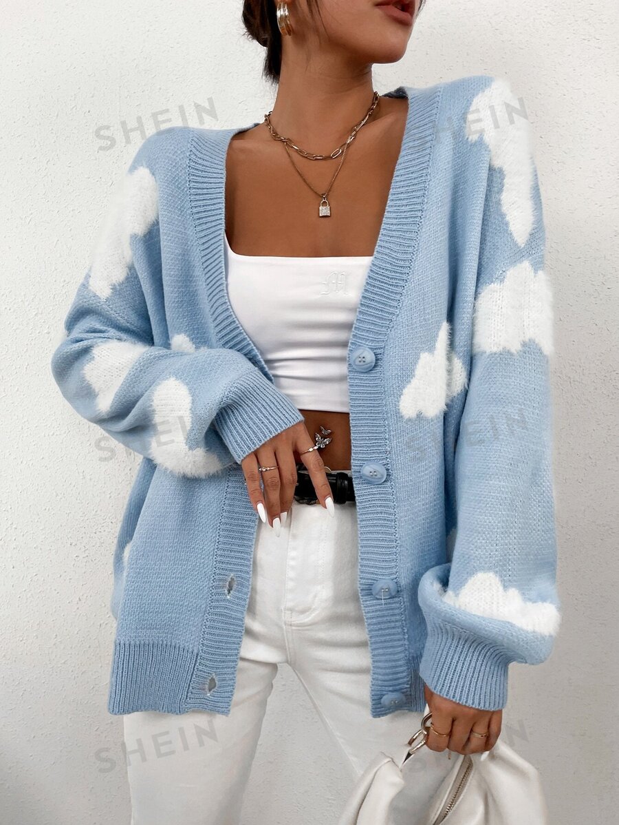 Flirla Oversized-Strickjacke mit Wolkenmuster, Langarm Oberteil