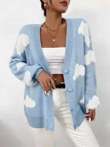 SHEIN Unity Drop Shoulder Cloud Pattern Cardigan,Long Sleeve Tops Fall Winter Cloth For Women - Baby Blue - View 4