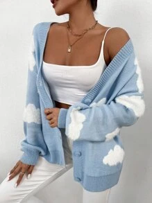 SHEIN Unity Drop Shoulder Cloud Pattern Cardigan,Long Sleeve Tops Fall Winter Cloth For Women - Baby Blue - View 5