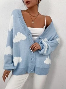 SHEIN Unity Drop Shoulder Cloud Pattern Cardigan,Long Sleeve Tops Fall Winter Cloth For Women - Baby Blue - View 6