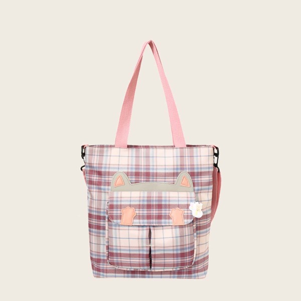 

Girls Plaid Cartoon Cat Design Tote Bag, Multicolor