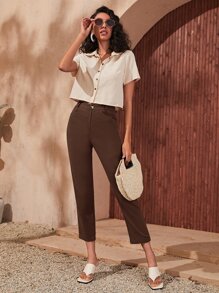SHEIN High Waist Straight Leg Pants - Brown - View 1