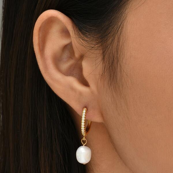 

18K Gold Plated Natural Pearl & Zircon Decor Drop Earrings