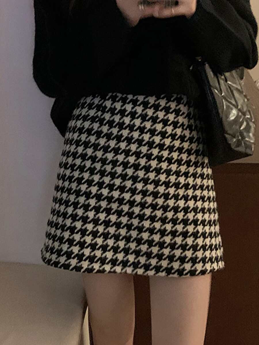 千鸟格粗花呢半身裙 春季休闲风 - 黑與白 - 查看 1