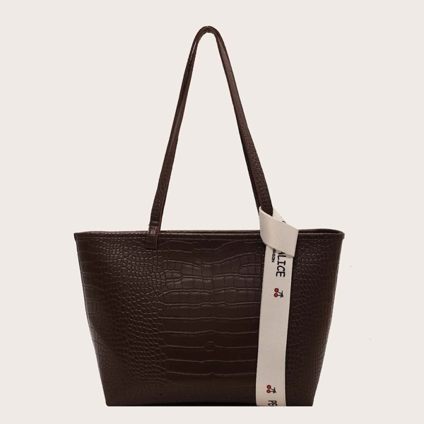 

Letter Graphic Ribbon Decor Croc Embossed Tote Bag, Coffee brown