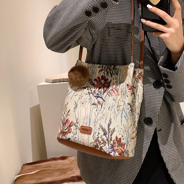 

Flower Embroidery Tote Bag With Pom Pom Charm, Multicolor