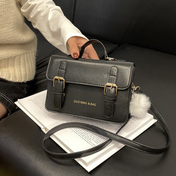 

Letter Graphic Buckle Decor Flap Square Bag, Black