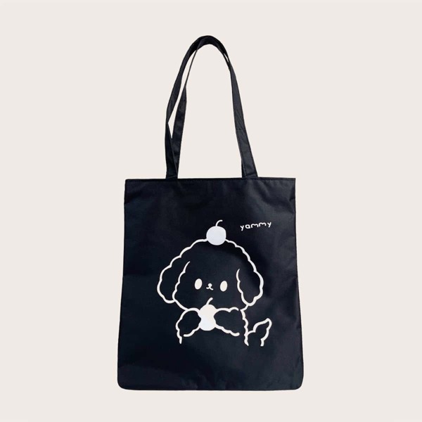 

Cartoon Dog Graphic Tote Bag, Black