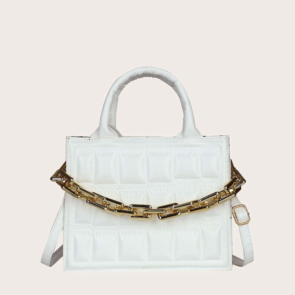 

Minimalist Textured Chain Square Bag, Beige