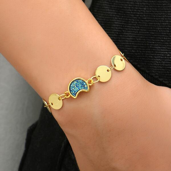 

18K Gold Plated Moon & Disc Decor Bracelet, Multicolor