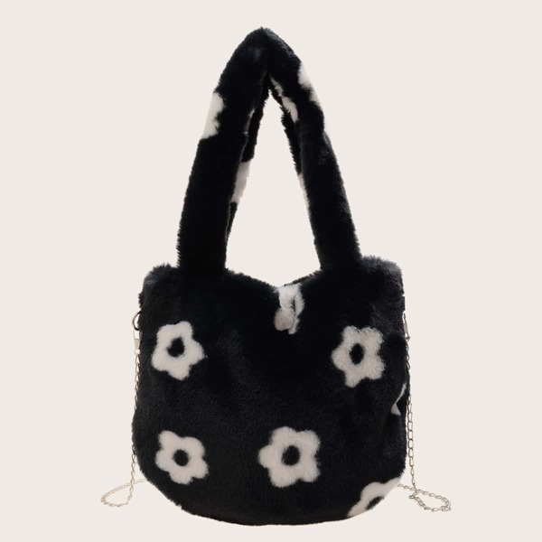 

Flower Graphic Chain Fluffy Tote Bag, Black and white