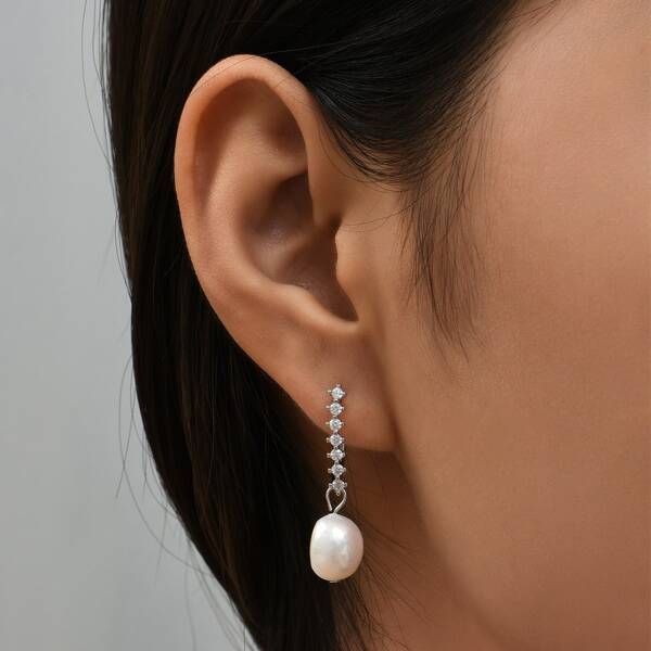 

Natural Pearl & Zircon Decor Drop Earrings, Silver
