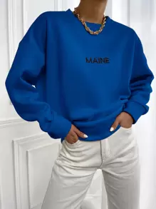 SHEIN Unity Pullover con bordado de letra de hombros caídos - azul real - Ver 1