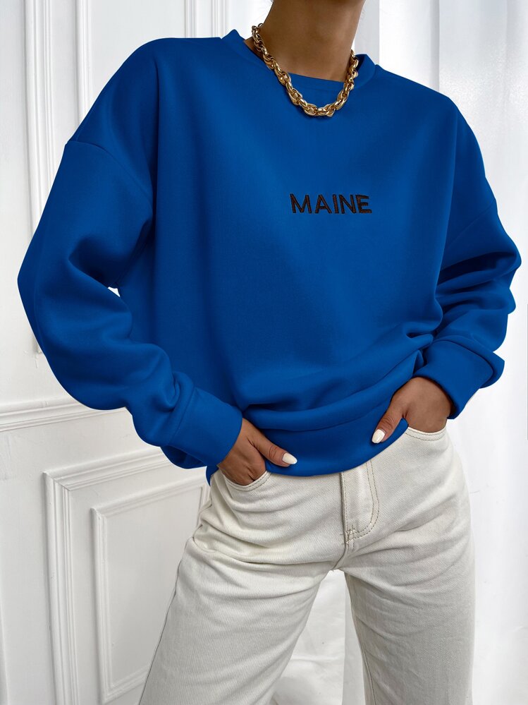 SHEIN Unity Letter Embroidery Drop Shoulder Pullover - Royal Blue - View 1