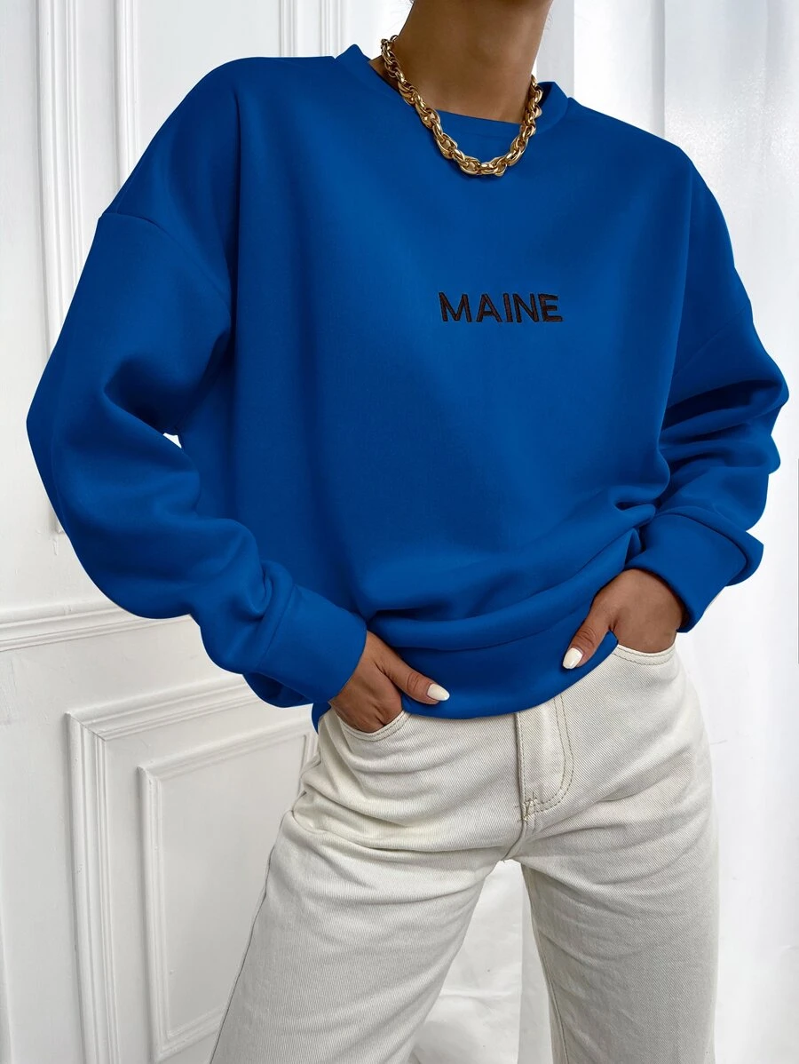 SHEIN Unity Pullover con bordado de letra de hombros caídos - azul real - Ver 1