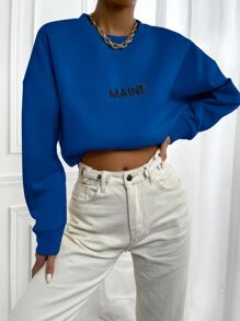 SHEIN Unity Pullover con bordado de letra de hombros caídos - azul real - Ver 5