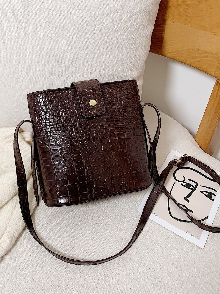 小型鱷魚紋桶袋 - 咖啡棕 - 查看 1