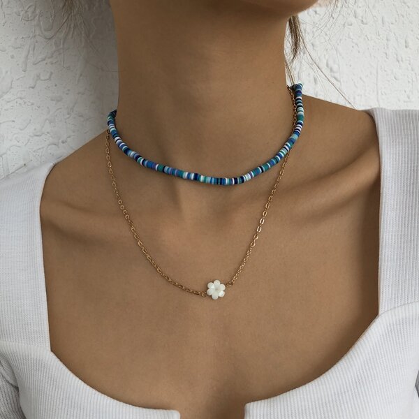 

2pcs Flower Detail Necklace, Blue