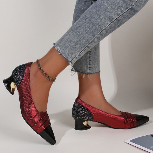 

Glitter Decor Chunky Court Heels, Red
