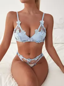 Floral Embroidery Print Lingerie Set - Baby Blue - View 5