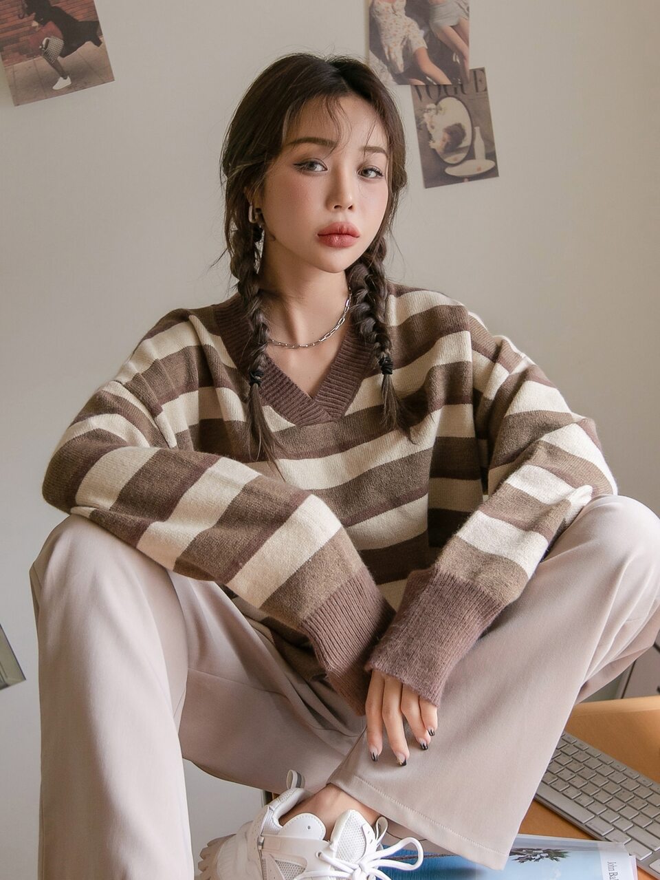 Block Stripe Pattern Drop Shoulder Oversized Sweater