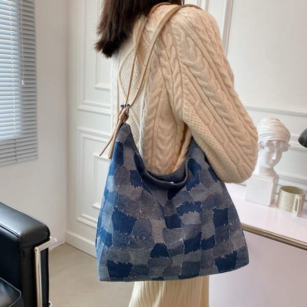 

Colorblock Patchwork Denim Tote Bag, Multicolor