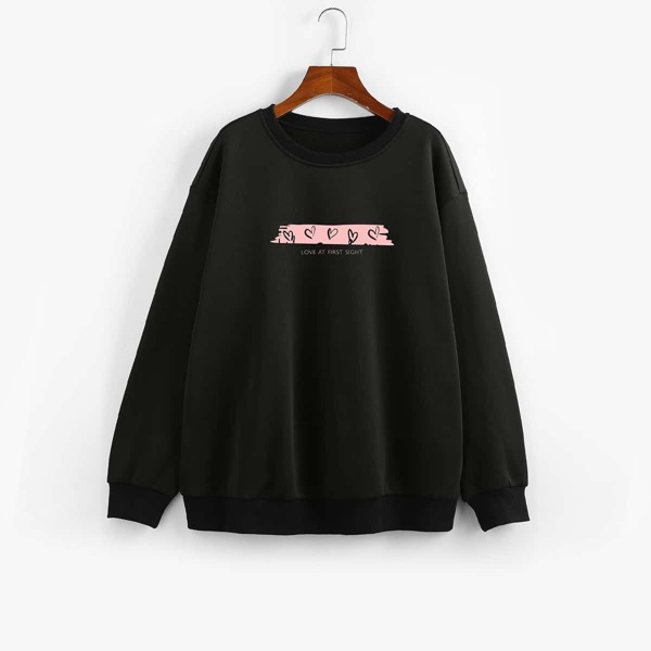 

Plus Heart & Slogan Graphic Sweatshirt, Black