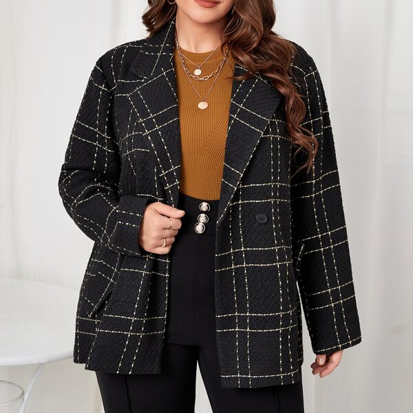 

Plus Plaid Double Button Lapel Collar Overcoat, Black