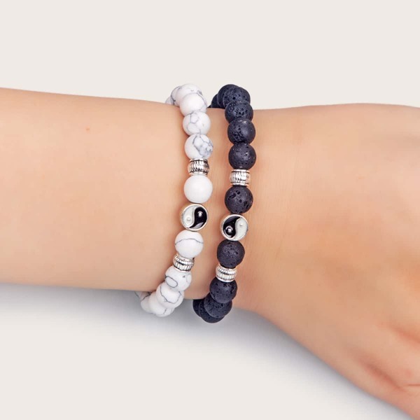 

2pcs Round Stone Decor Bracelet, Black and white