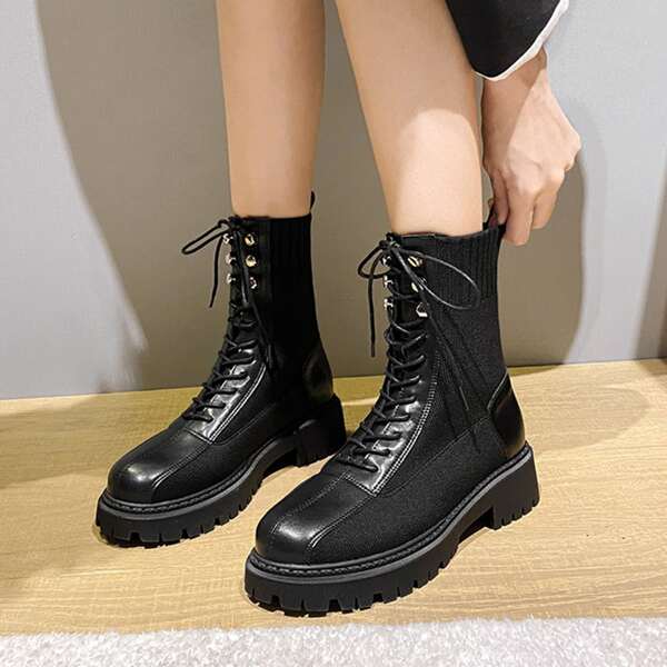 

Solid Lace Up Front Combat Boots, Black