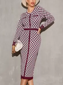 SHEIN Argyle Pattern Bodycon Knit Dress - Multicolor - View 1