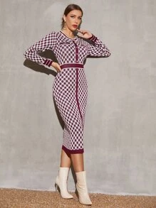 SHEIN Argyle Pattern Bodycon Knit Dress - Multicolor - View 5