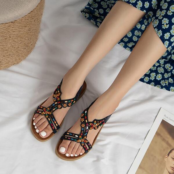 

Beaded Design Flat Sandals, Black