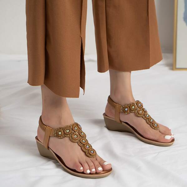 

Rhinestone & Beaded Decor Slingback Wedge Sandals, Brown