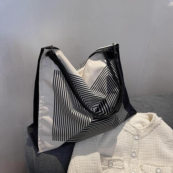 

Colorblock Striped Shoulder Bag, Black and white