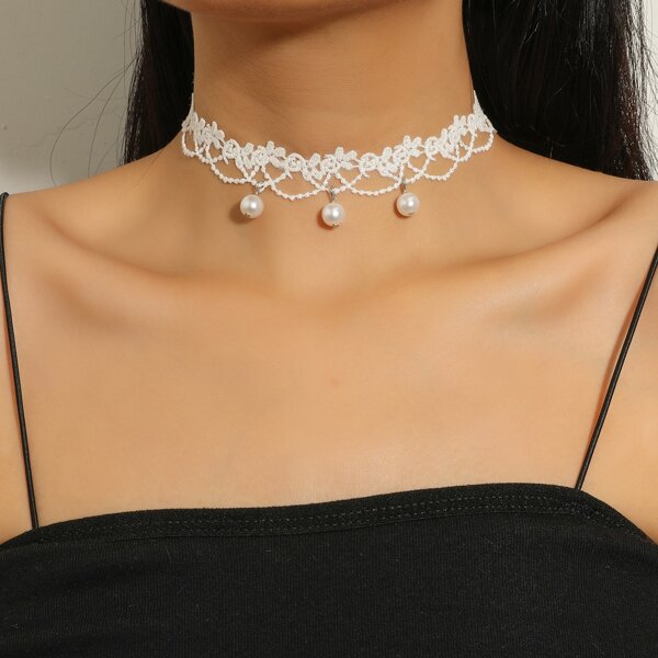 

Faux Pearl Decor Lace Choker, White