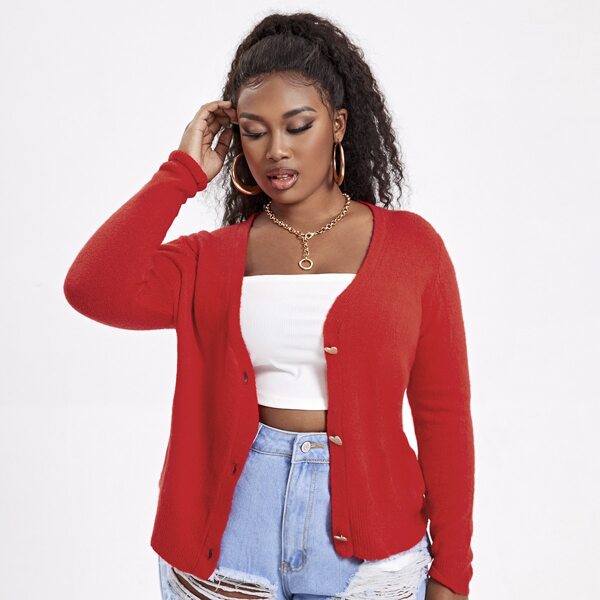 

Plus Solid V-neck Button Up Cardigan, Red