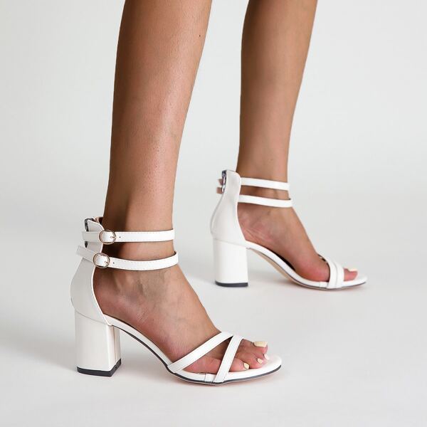 

Minimalist Chunky Ankle Strap Heeled Sandals, White