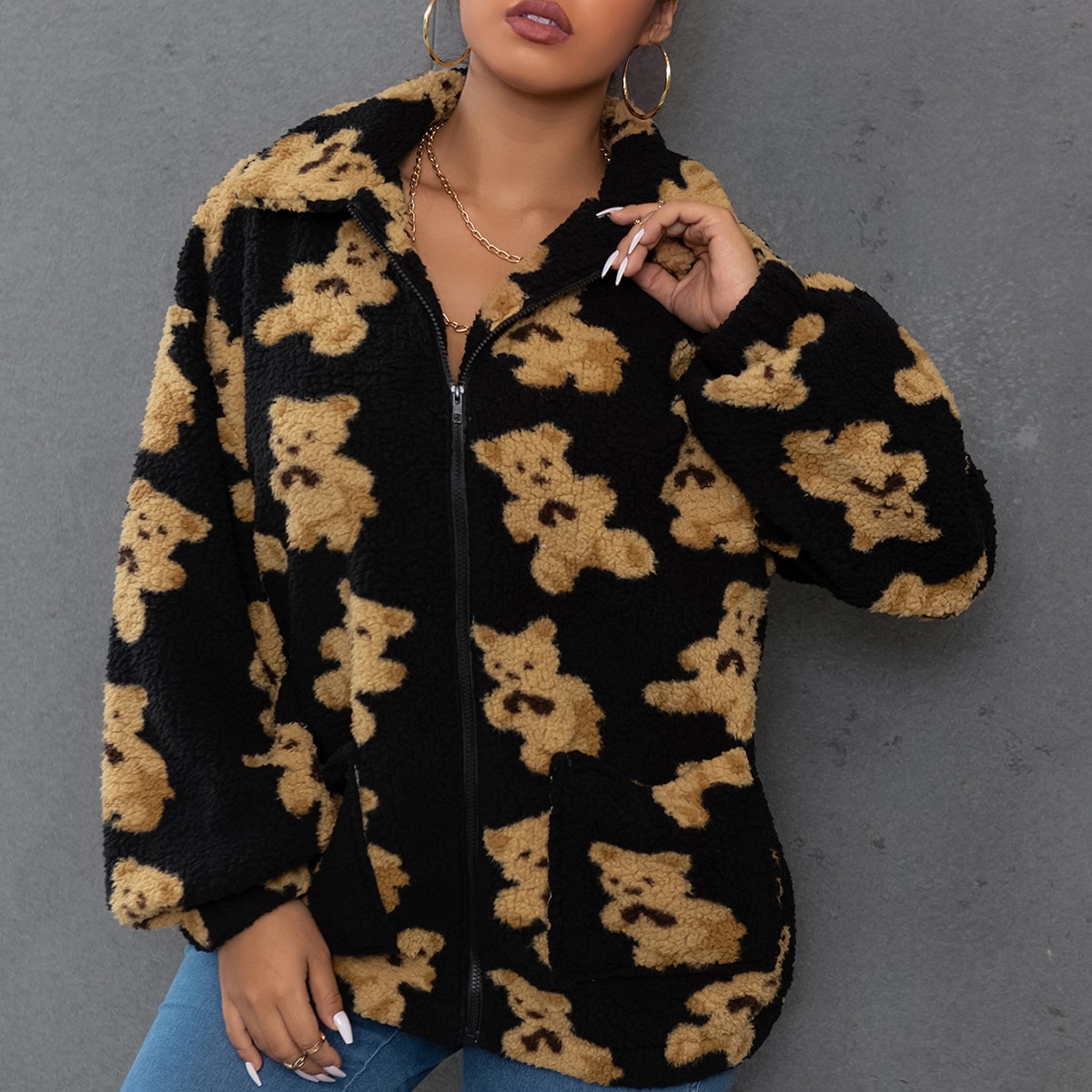 размера плюс Куртка тедди медведя на молнии