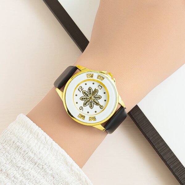 

Rhinestone Decor Round Pointer Quartz Watch